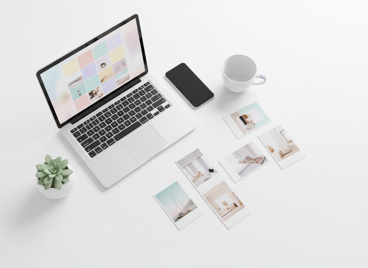 Espace de travail de création de contenu : ordinateur avec grille de posts, téléphone et tirages photo