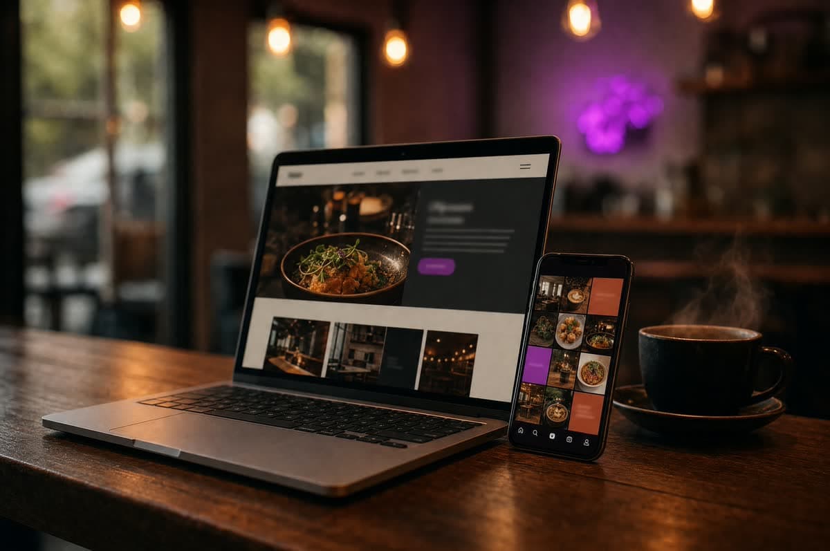 Un site web vitrine sur ordinateur portable et le compte Instagram du même commerce sur téléphone, côte à côte