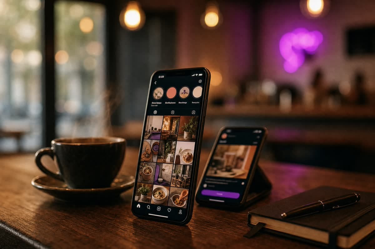 Un profil Instagram de commerce local sur téléphone et une publicité sponsorisée sur un second téléphone, sur un comptoir de café
