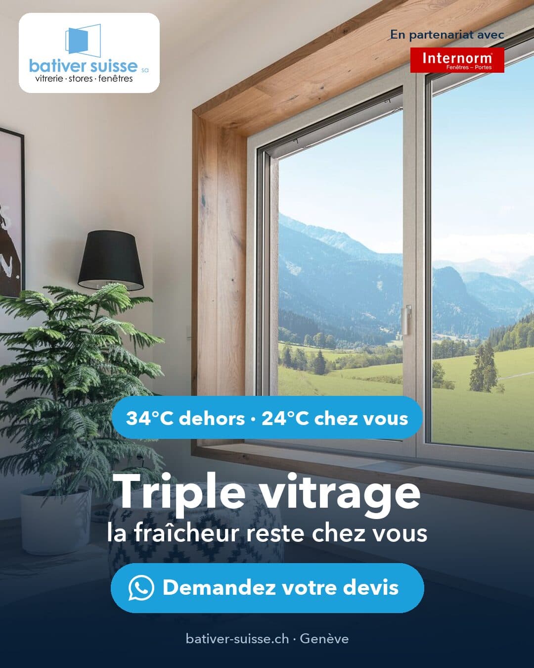 Bativer Suisse SA : 34 °C outside, 24 °C at home: with triple glazing, the cool stays inside. Ask for your quote.